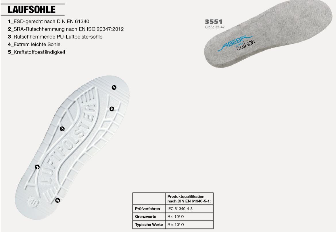 temp32600-laufsohle ABEBA Berufsschuh Air Cushion 2600|32600 ESD O2 Küchenschuh Halbschuh Arbeitsschuh weiß