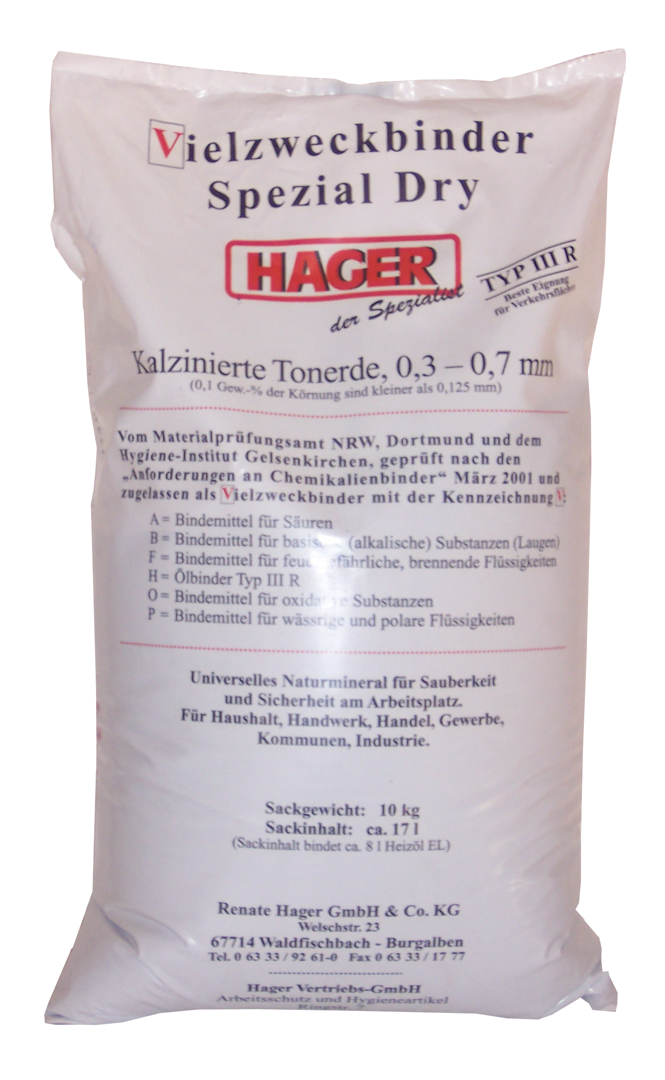 Ölbindemittel Chemikalienbindemittel Hager Spezial Dry Plus Typ IIIR Körnung 0,3-0,7 mm, 10 Kg Sack