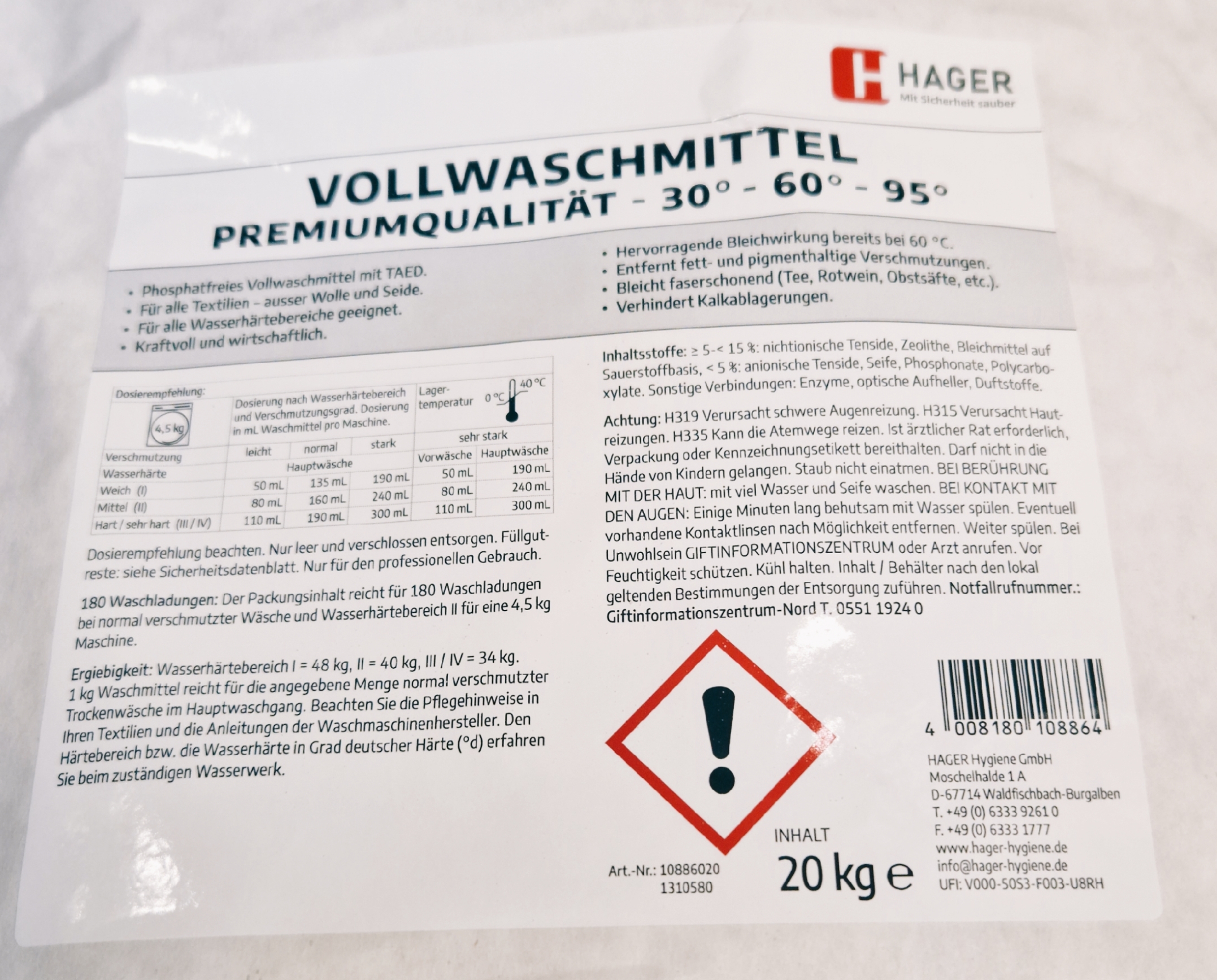 Vollwaschmittel Hager Premiumqualität 20kg